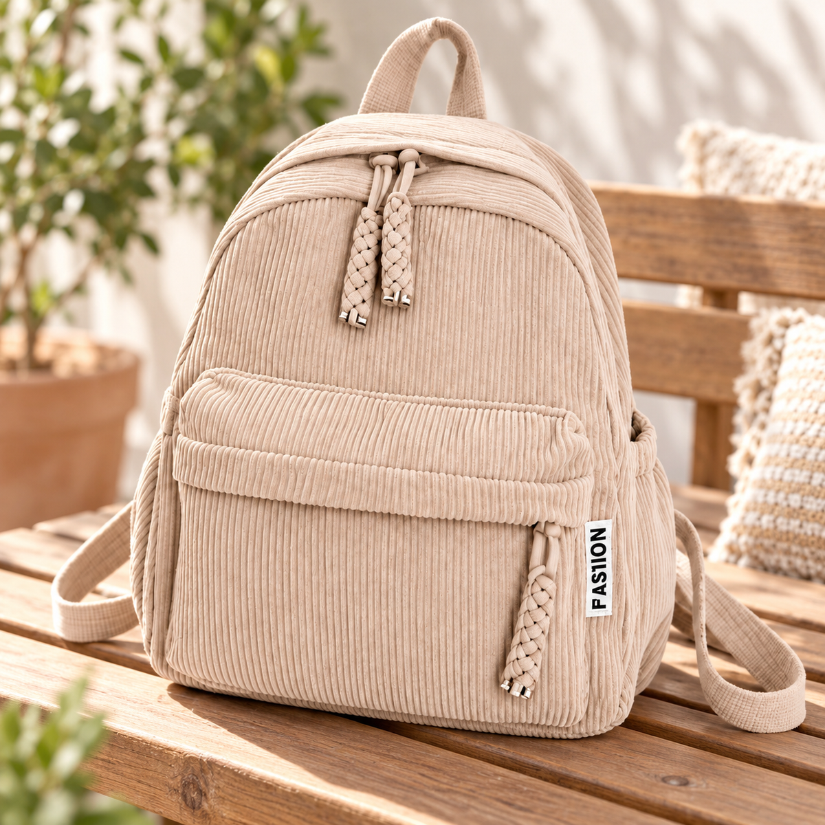 Mochila de pana con bolsillo frontal — Beige claro — SKU 53723