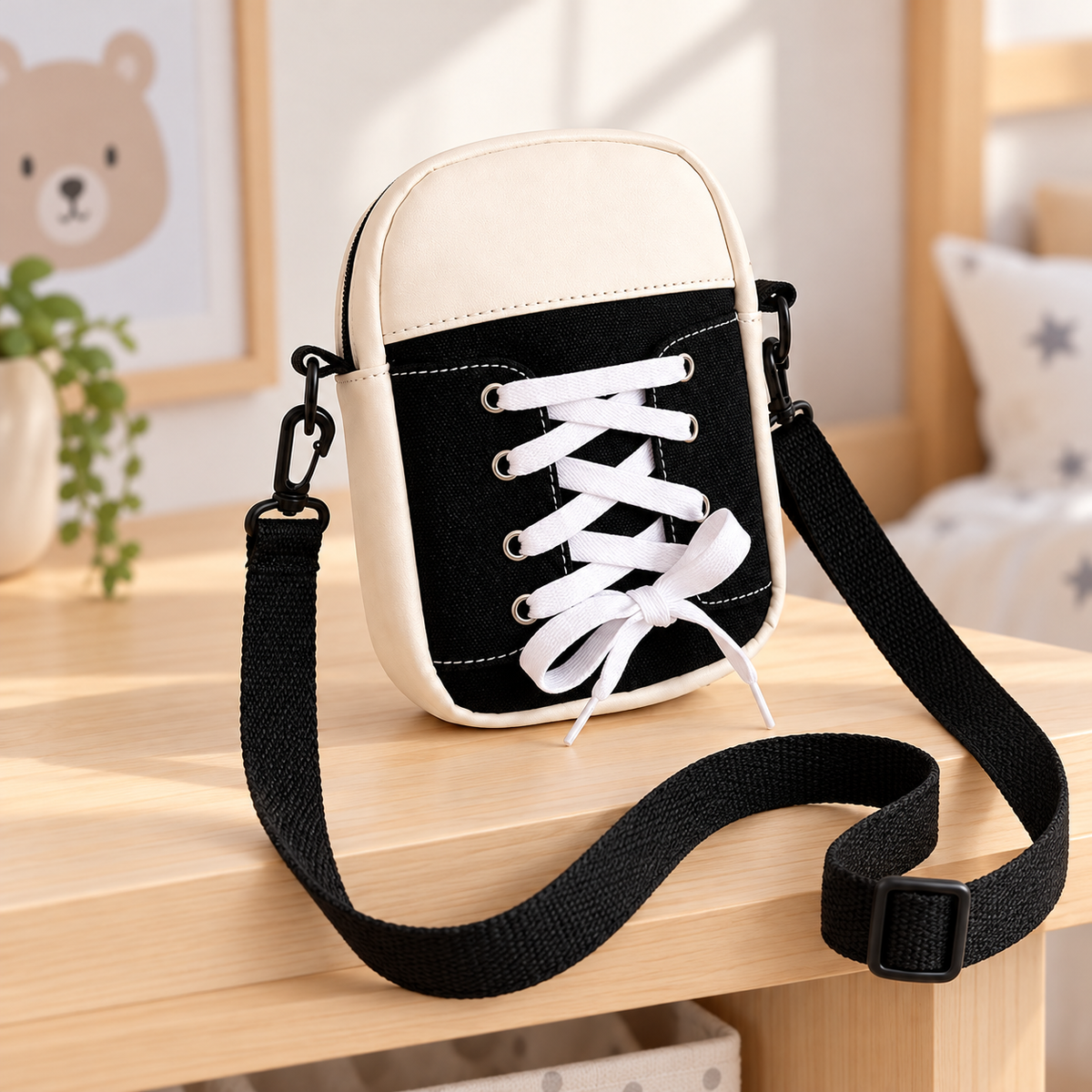 Bolso Infantil Diseño Tenis con Correa Negro en ambiente Vendalia