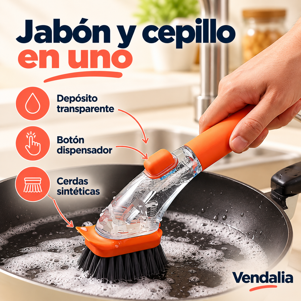 Cepillo naranja con dispensador de jabón — portada Vendalia