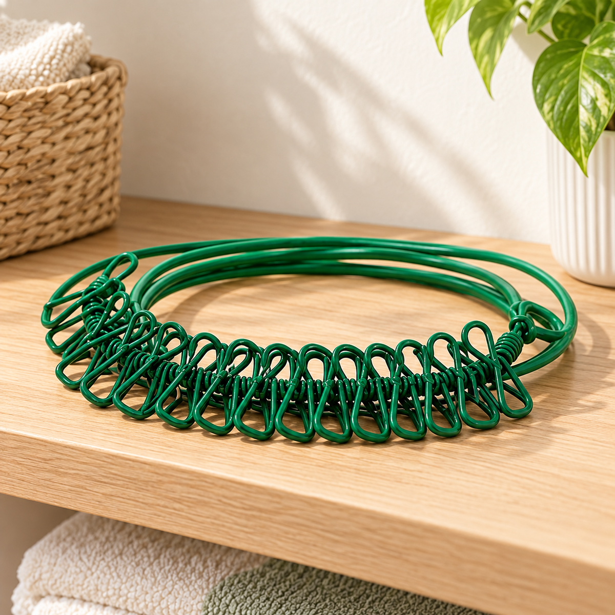 Cuerda para Tender Ropa con Pinzas Integradas verde en ambiente de hogar — Vendalia