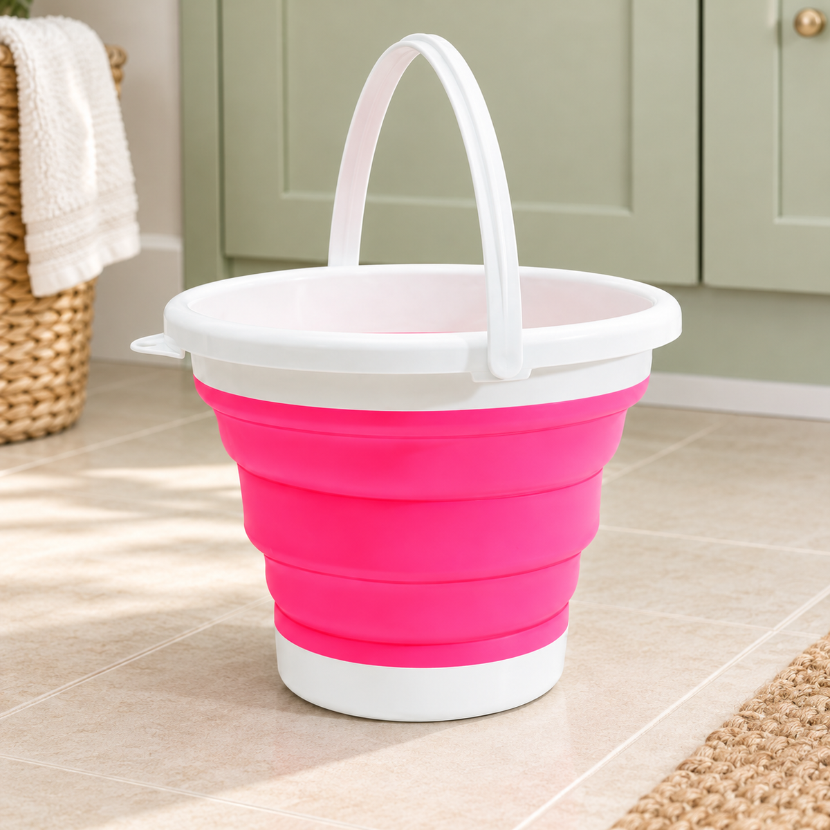 Cubeta Plegable Portátil con Asa Rosa (chica) en ambiente de hogar — Vendalia