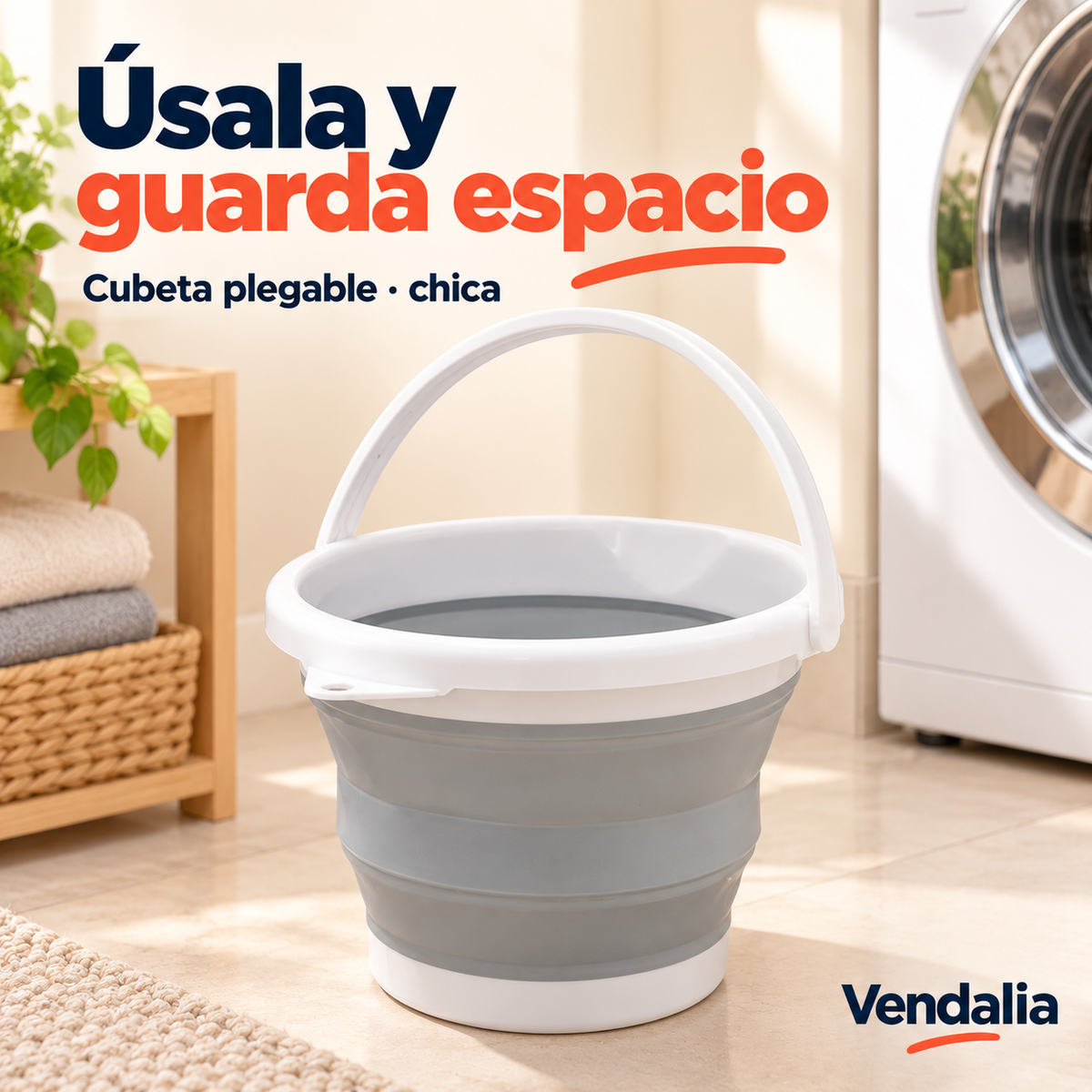 Cubeta plegable gris con blanco tamaño chico, portada Vendalia