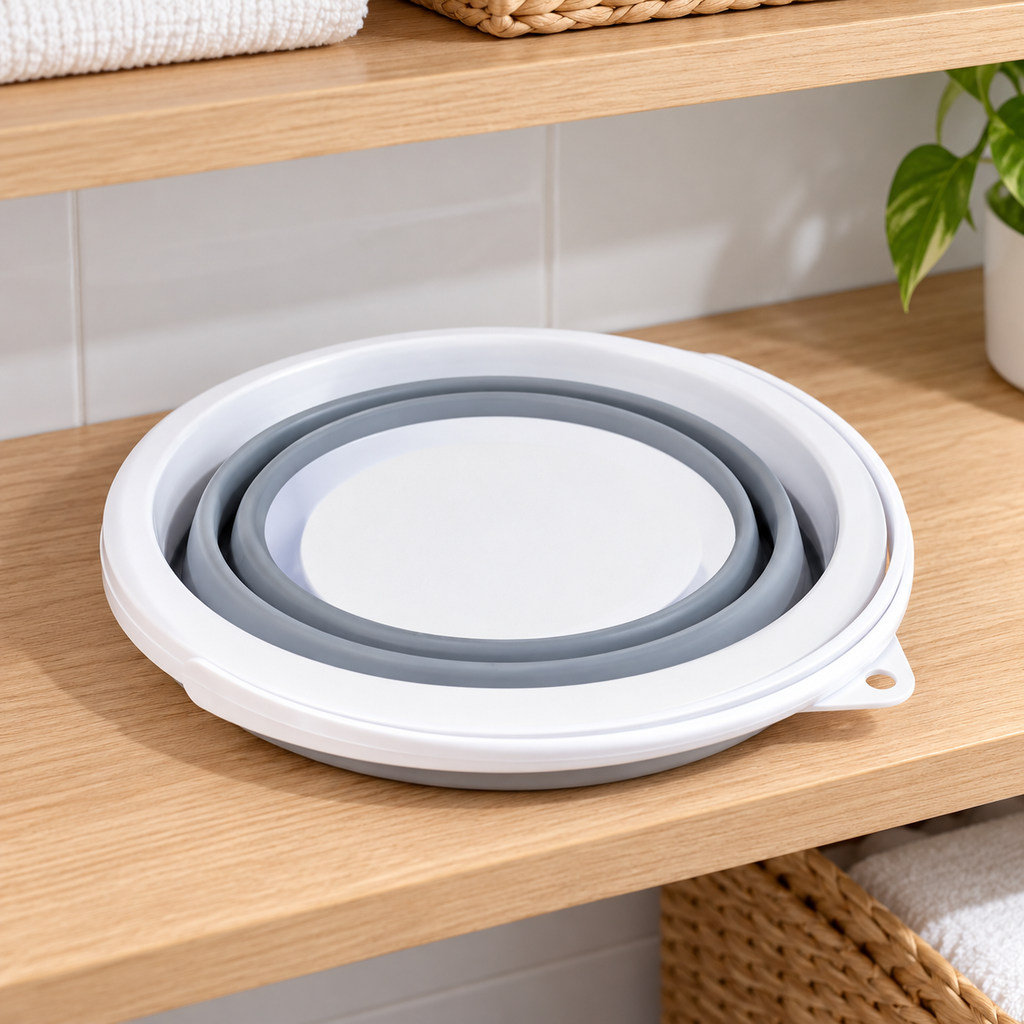 Cubeta gris con blanco completamente plegada · Vendalia