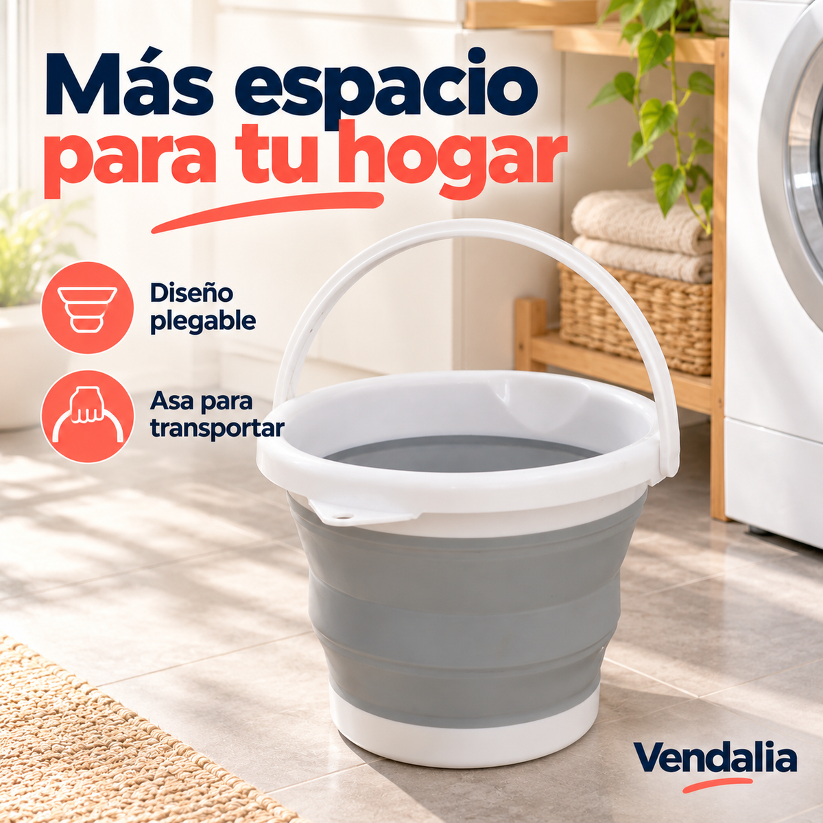 Cubeta plegable grande gris con blanco · Vendalia
