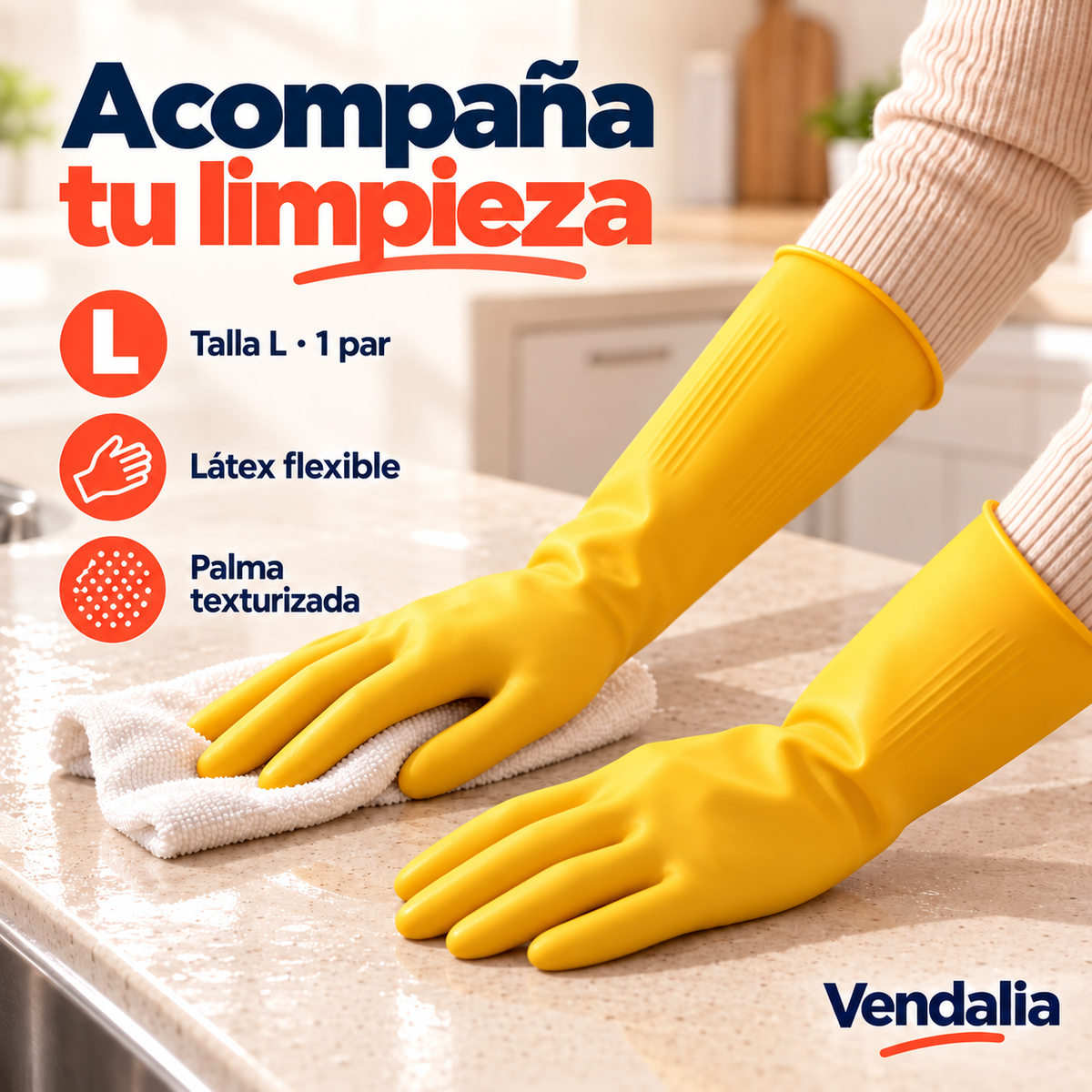 Guantes amarillos de látex, talla L · 1 par · Vendalia
