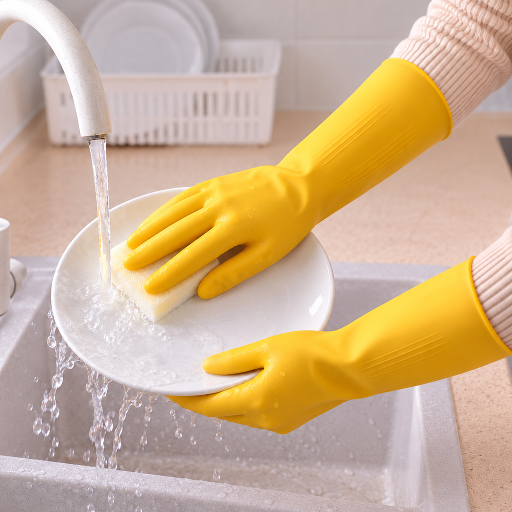 Guantes amarillos de látex talla L · Ejemplo de uso al lavar platos