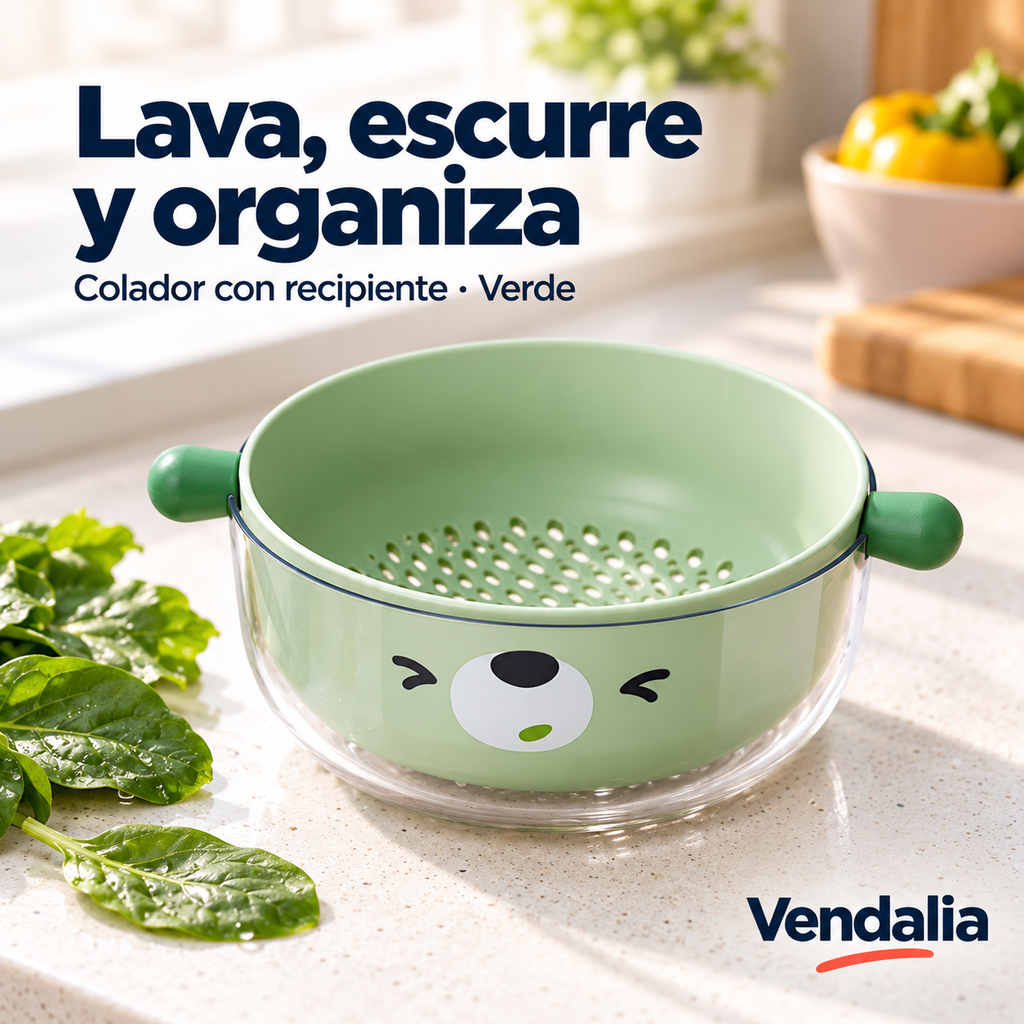 Lava, escurre y organiza — Vendalia. Colador con recipiente · Verde