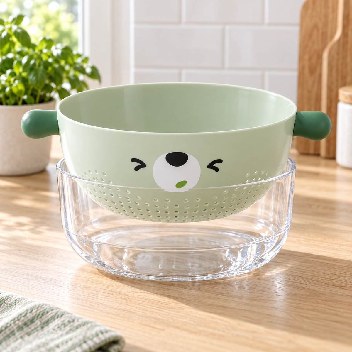 Colador Escurridor con Recipiente para Frutas y Verduras (Verde) en ambiente de hogar — Vendalia