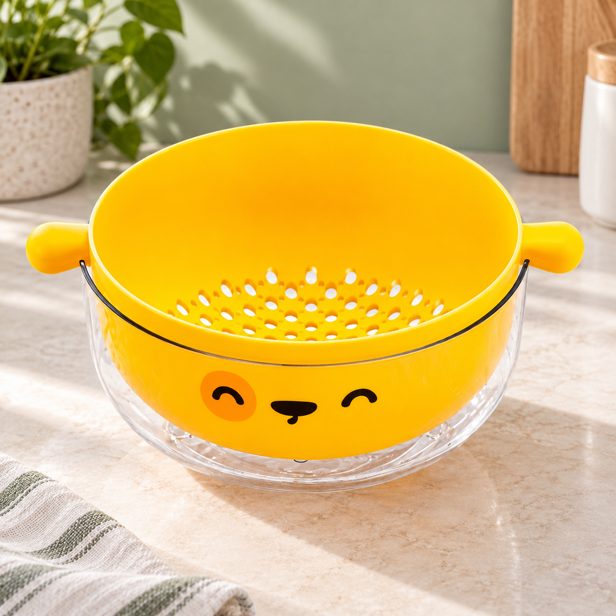 Colador escurridor con recipiente para frutas y verduras — Amarillo — SKU 53758