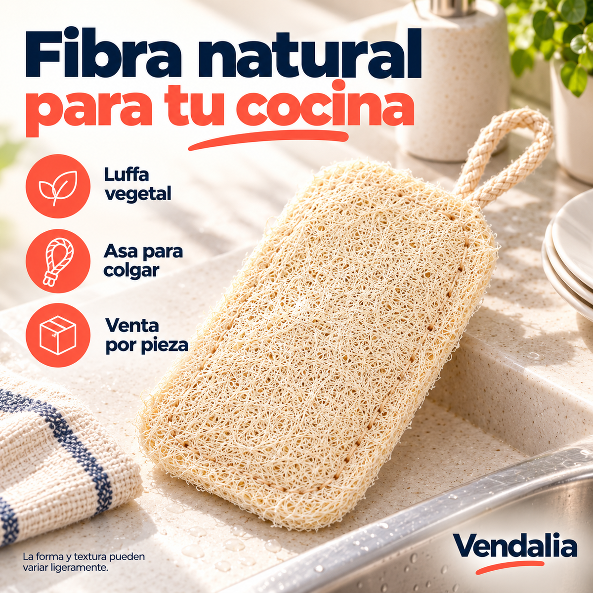 Esponja natural tipo luffa con asa para colgar — Presentación Vendalia