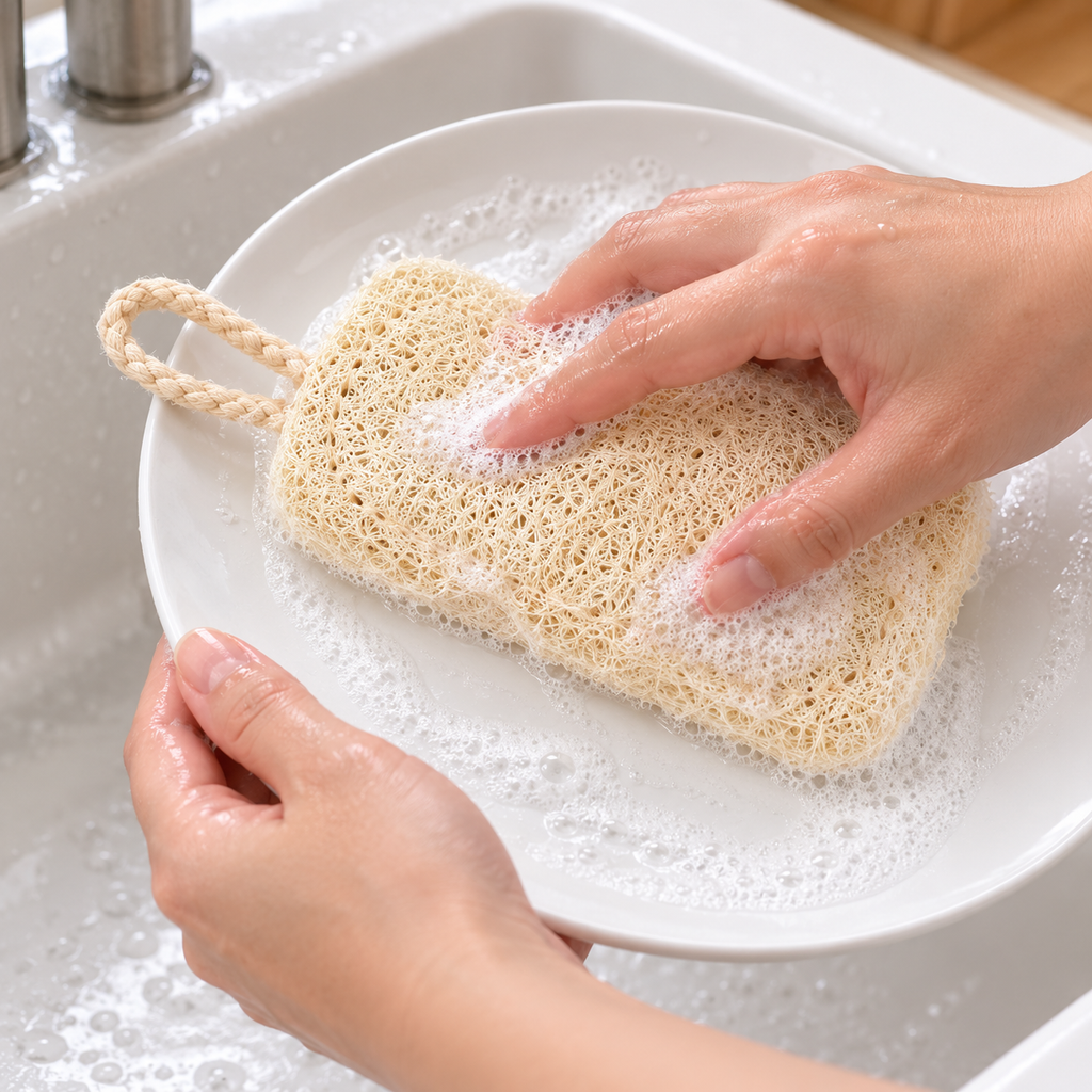 Esponja natural tipo luffa con asa para colgar — Ejemplo de uso; accesorios no incluidos