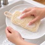Esponja natural tipo luffa con asa para colgar — Ejemplo de uso; accesorios no incluidos
