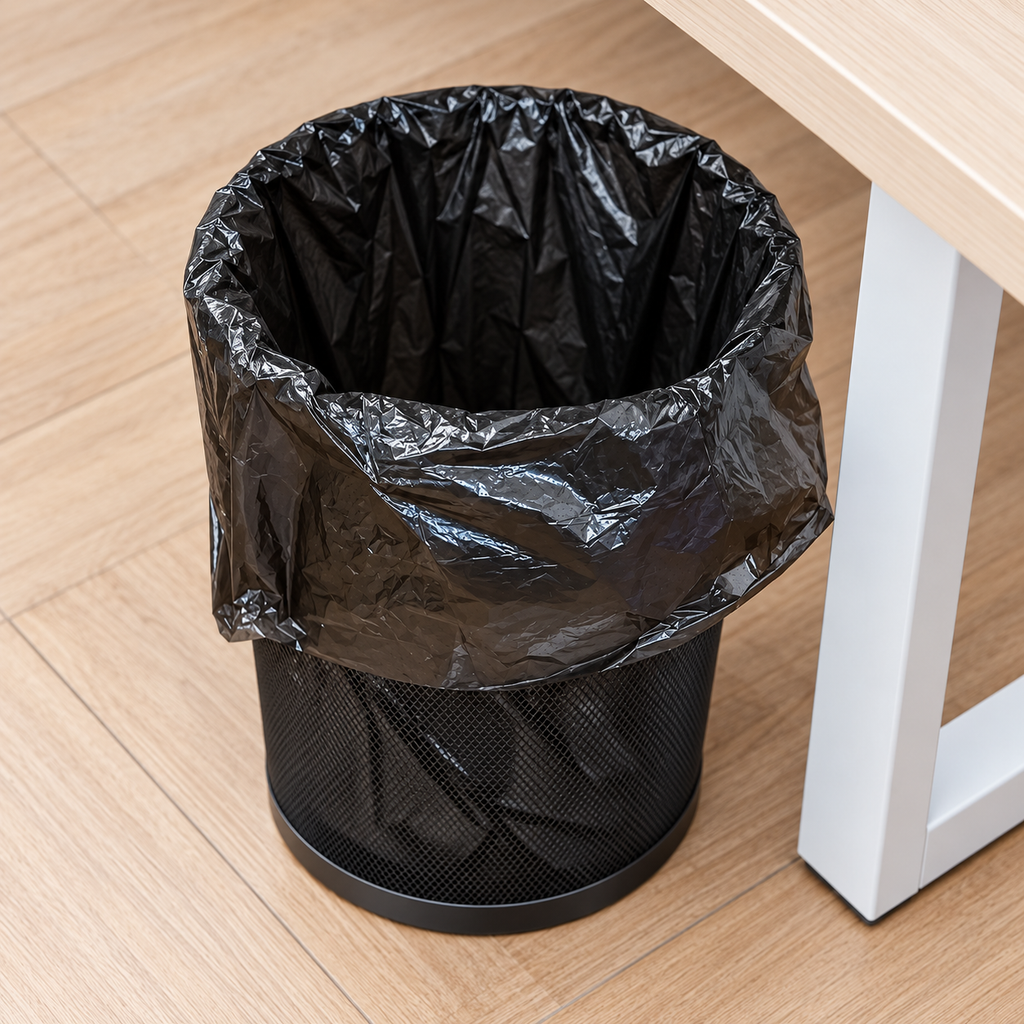 Bolsa negra de basura colocada en un bote doméstico