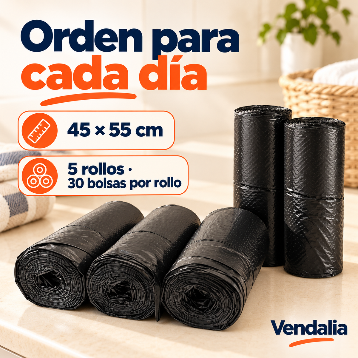 Bolsas negras 45 × 55 cm, paquete de 5 rollos con 30 bolsas por rollo · Vendalia