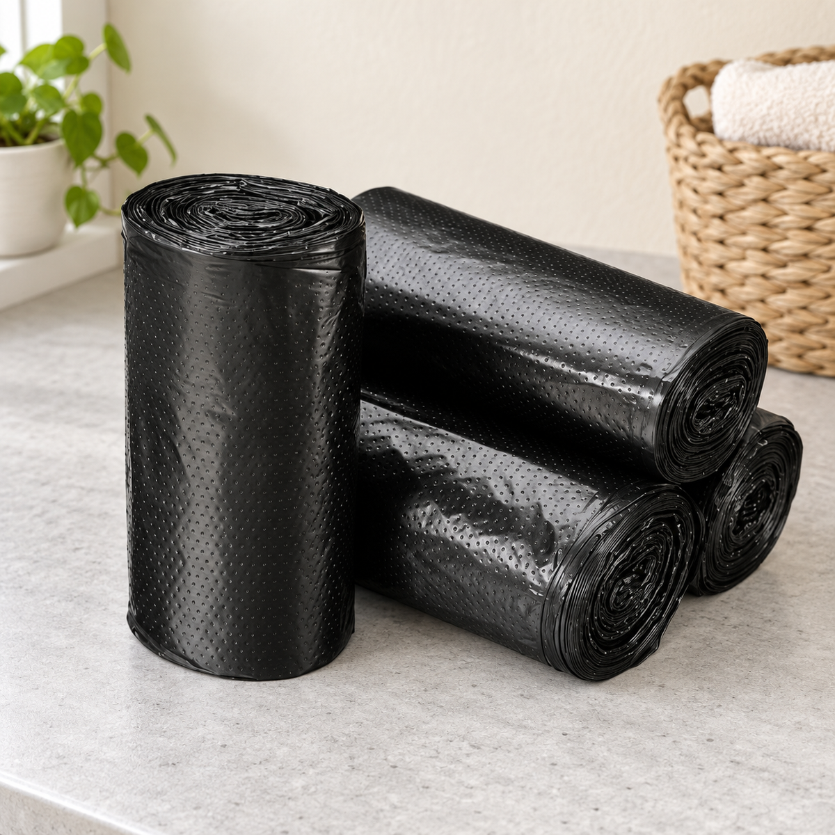 Paq de 5 rollos de bolsas de basura de plástico en rollo de 45×55 cm en ambiente de hogar — Vendalia. La fotografía muestra una selección de rollos; la presentación de venta es el paquete de 5 rollos, con 30 bolsas de 45 × 55 cm por rollo.