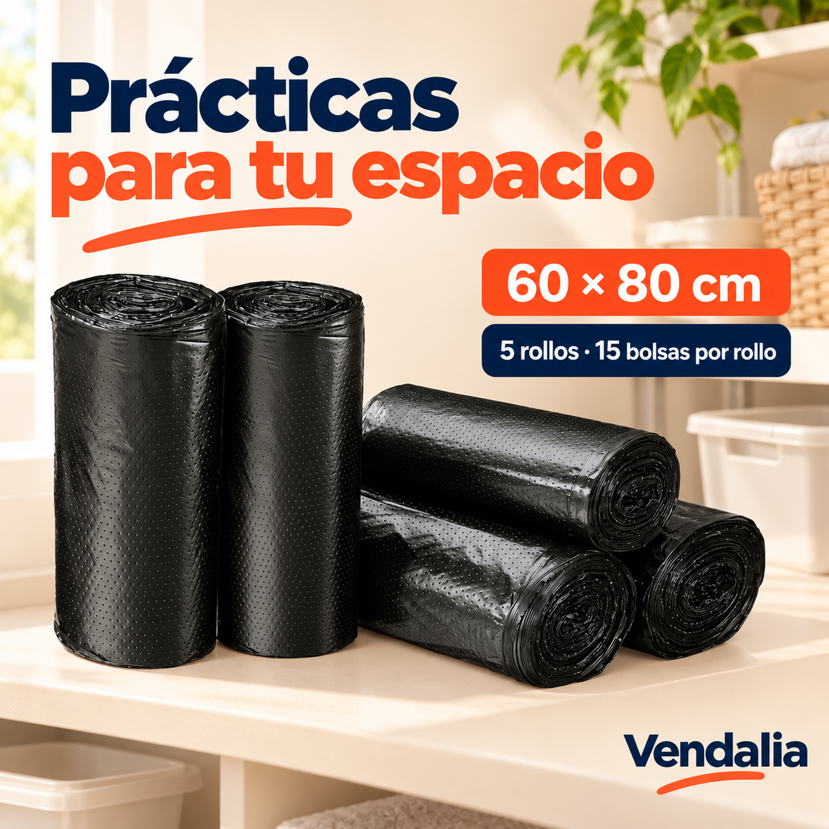 Bolsas negras 60 × 80 cm, paquete de 5 rollos con 15 bolsas por rollo · Vendalia