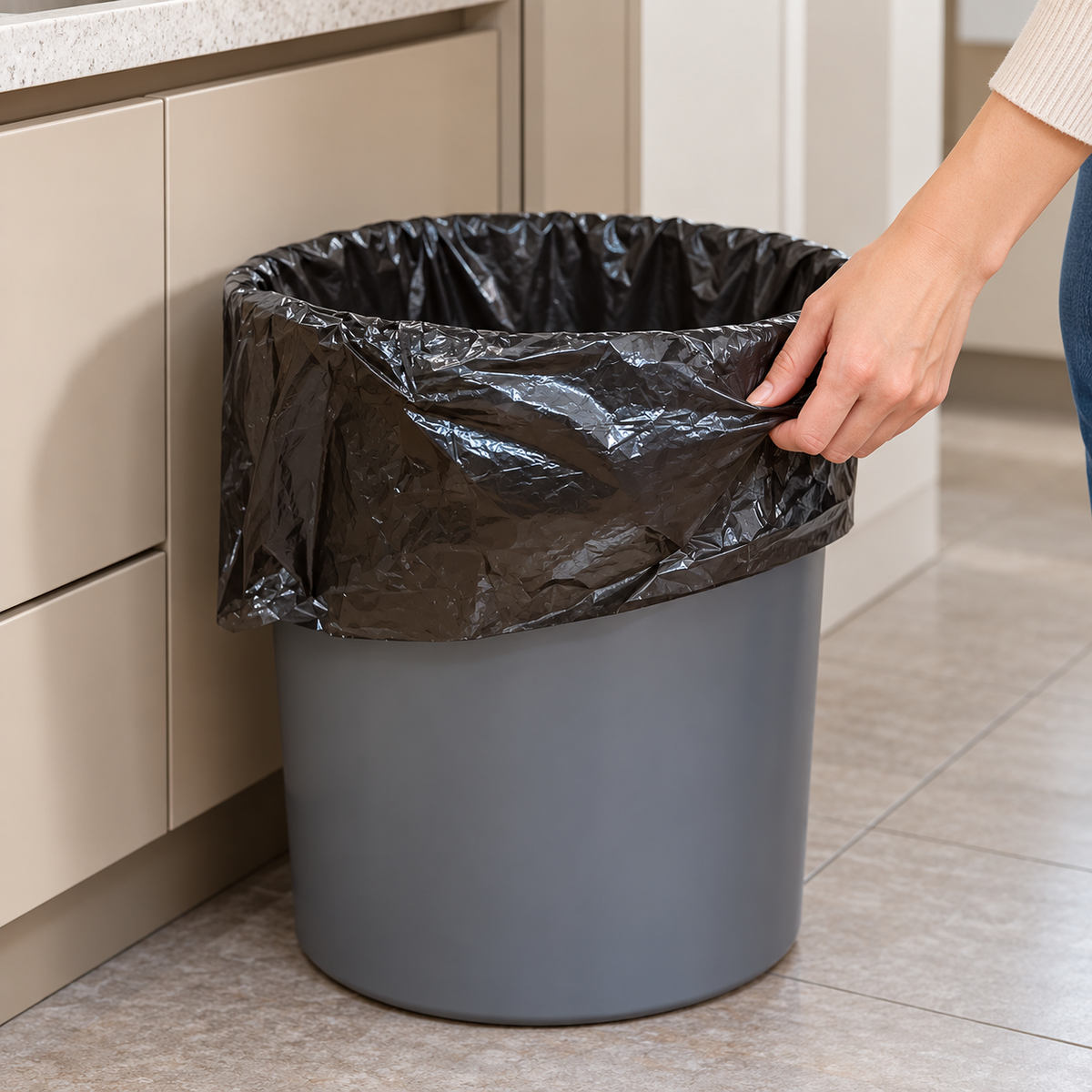 Bolsa negra de 60 × 80 cm ajustada a un bote de cocina