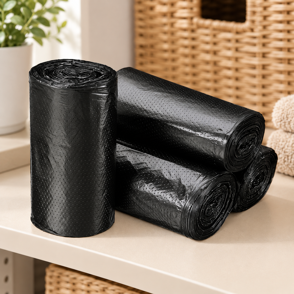 Paq de 5 rollos de bolsas de basura de plástico en rollo de 60×80 cm en ambiente de hogar — Vendalia. La fotografía muestra una selección de rollos; la presentación de venta es el paquete de 5 rollos, con 15 bolsas de 60 × 80 cm por rollo.