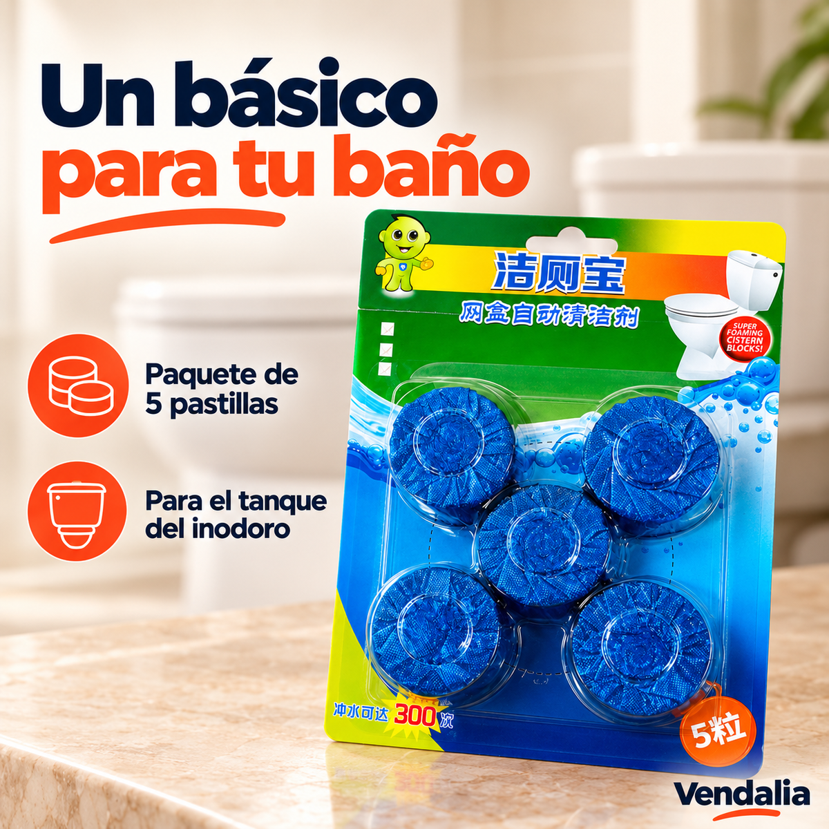 Paquete de cinco pastillas azules para inodoro · Vendalia
