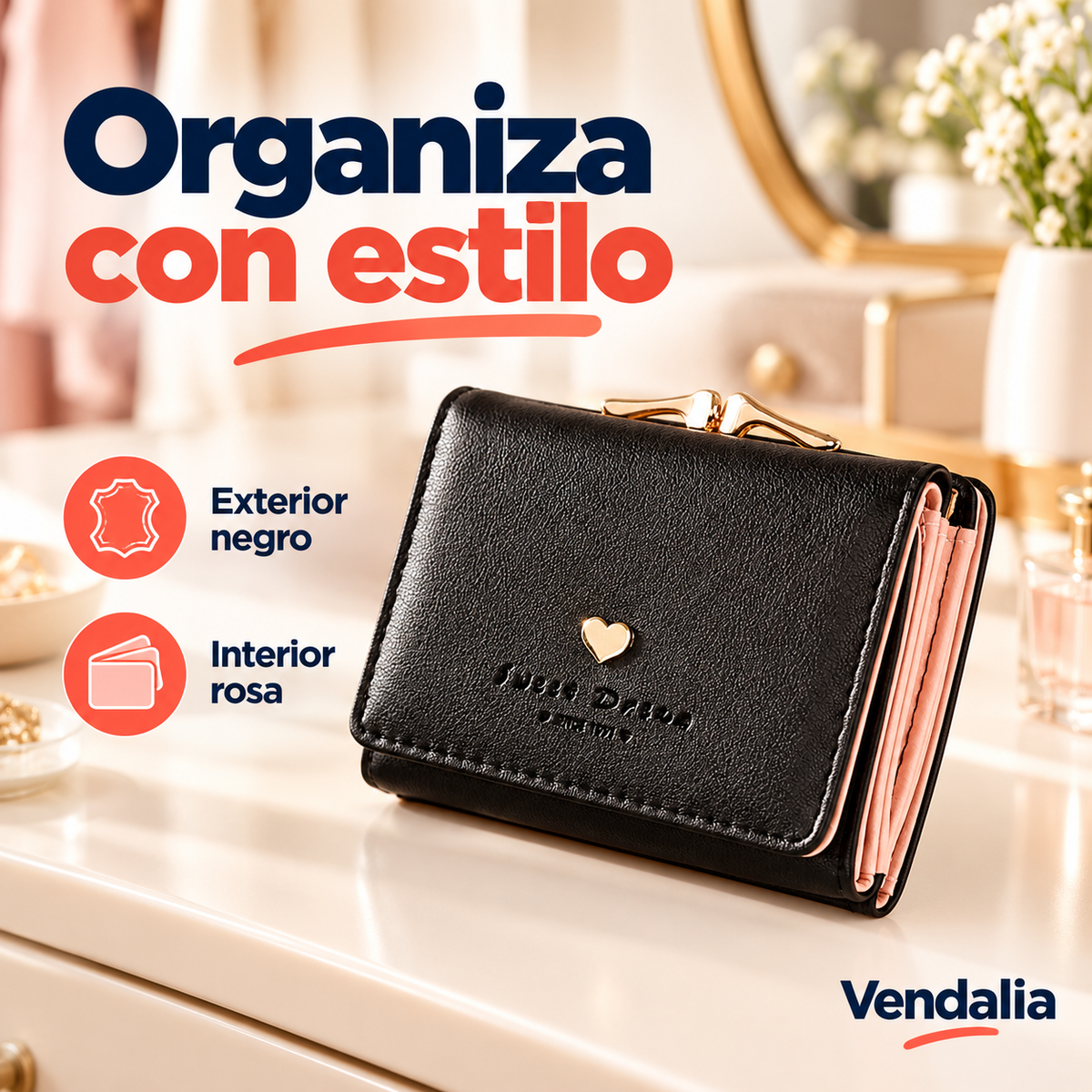 Cartera negra con interior rosa — portada — Vendalia — SKU 53788
