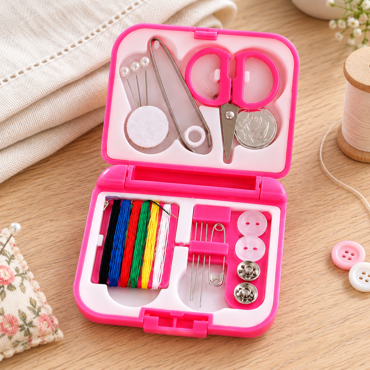 Kit de costura en estuche rosa — Vendalia. Color rosa o azul enviado al azar según disponibilidad. Accesorios de ambientación externos no incluidos.
