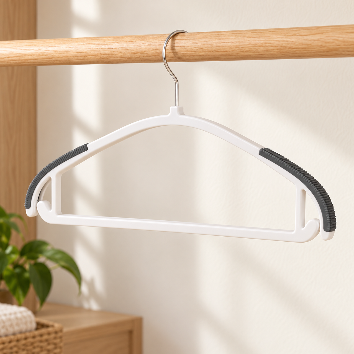Gancho Antideslizante para Ropa · Paquete de 10 piezas en ambiente de hogar — Vendalia. La fotografía muestra un gancho de ejemplo del paquete de 10.