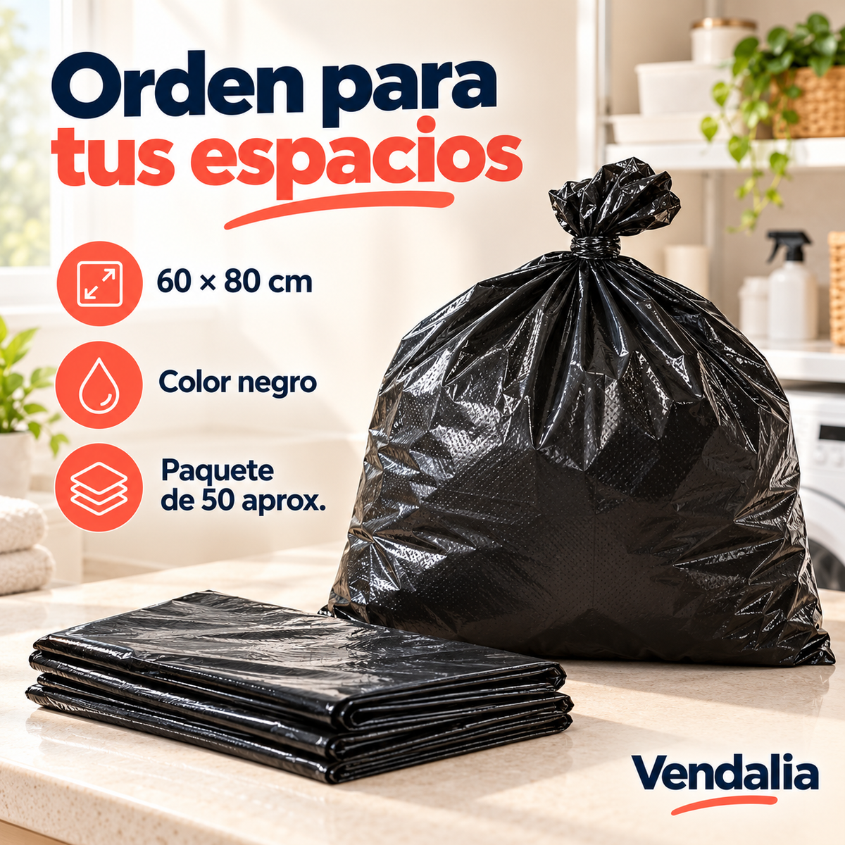 Bolsas negras de 60 × 80 cm; paquete de 50 aproximadamente — Presentación Vendalia