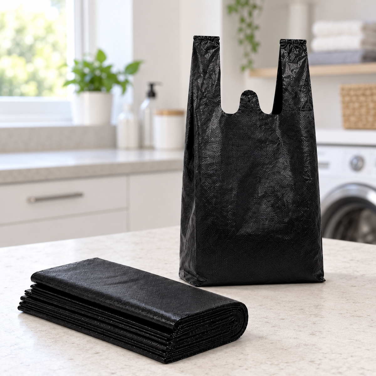 Bolsa de plástico para basura con asas 40x60 cm · Paquete de 50 piezas en ambiente Vendalia