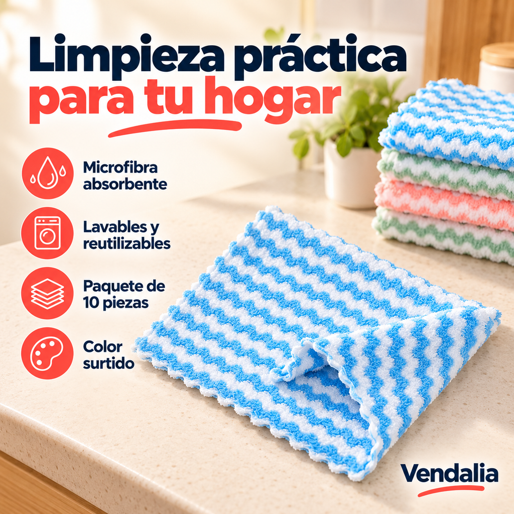 Paños de microfibra de rayas onduladas, paquete de 10 piezas, color surtido · portada Vendalia