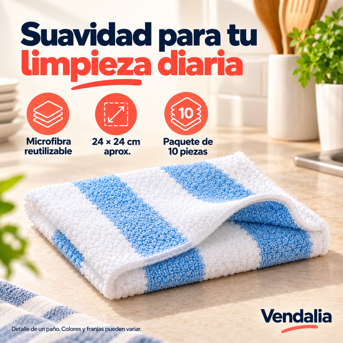 Paño de microfibra, detalle de una pieza del paquete de 10; colores y franjas variables — Presentación Vendalia