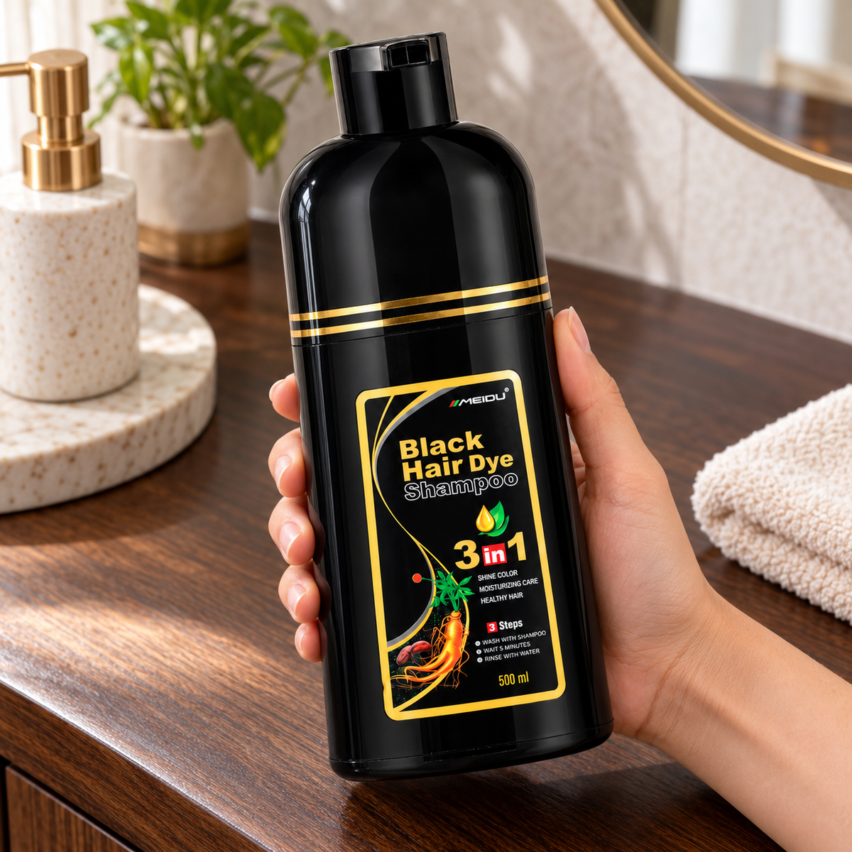 Shampoo tinte negro 3 en 1 — Vista de detalle.