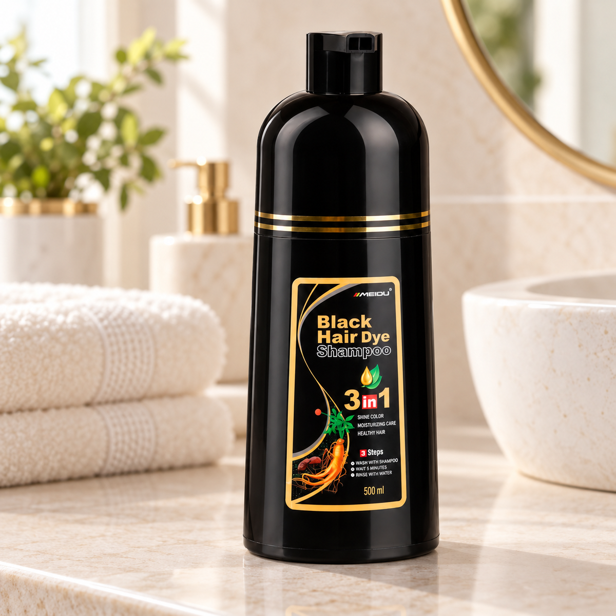 Shampoo tinte negro para cabello 3 en 1 — fotografía ambientada de Vendalia