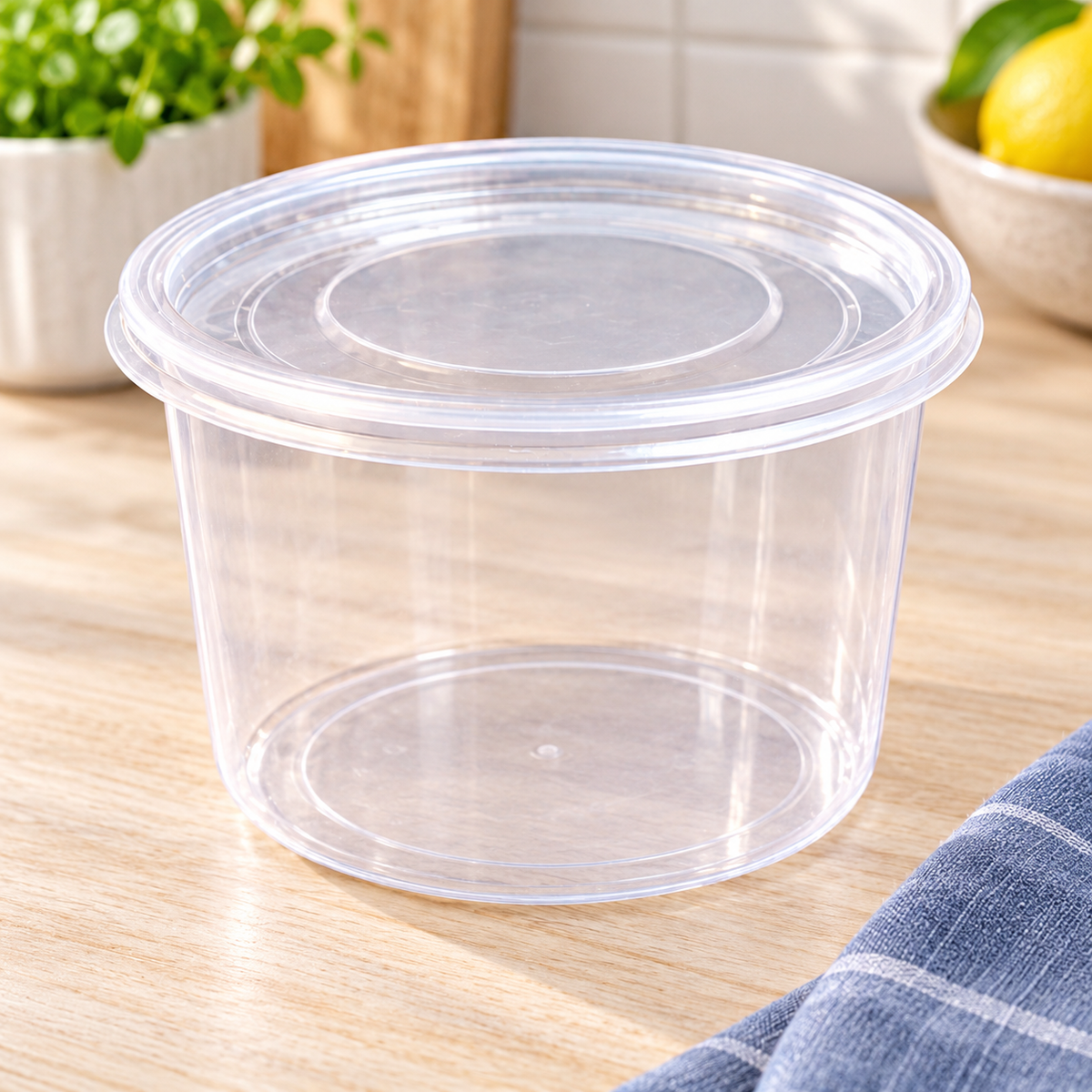 Recipiente de plástico Redondo Transparente 800 ml en ambiente de hogar — Vendalia