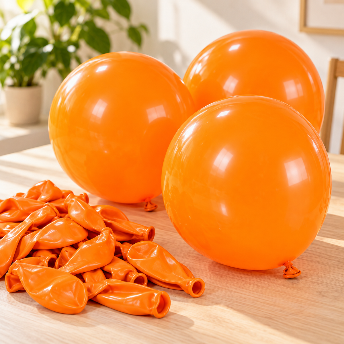Globos Naranja 12 Pulgadas 100 Pzas Extra Gruesos en ambiente de hogar — Vendalia. La fotografía muestra una selección de globos, algunos inflados para ilustrar el color y la forma. La presentación contiene 100 piezas.