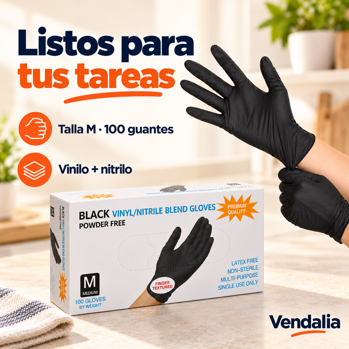 Guantes negros de vinilo y nitrilo talla M, caja con 100 · Vendalia