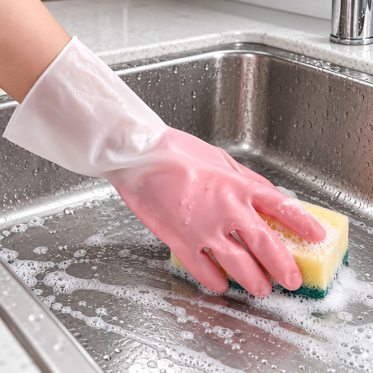 Guantes rosa con puños blancos limpiando el fregadero