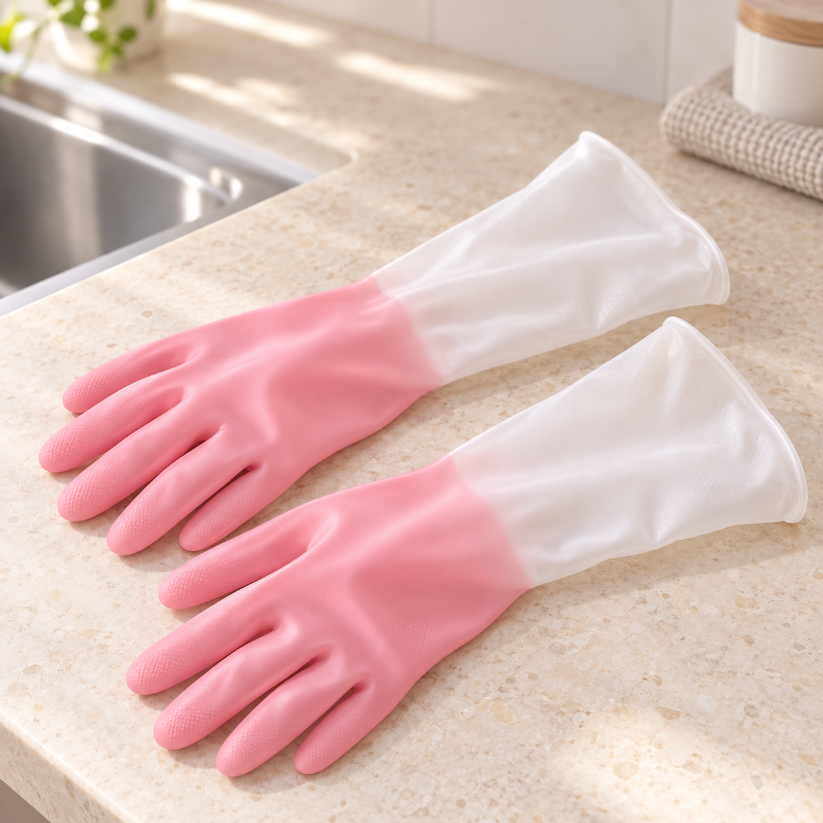 Guantes Largos para Limpieza Rosa con Puño Extendido en ambiente de hogar — Vendalia
