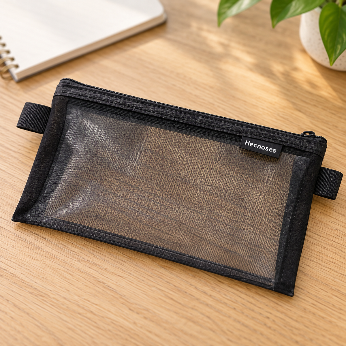 Estuche de malla con cierre negro 205x120mm en ambiente de hogar — Vendalia