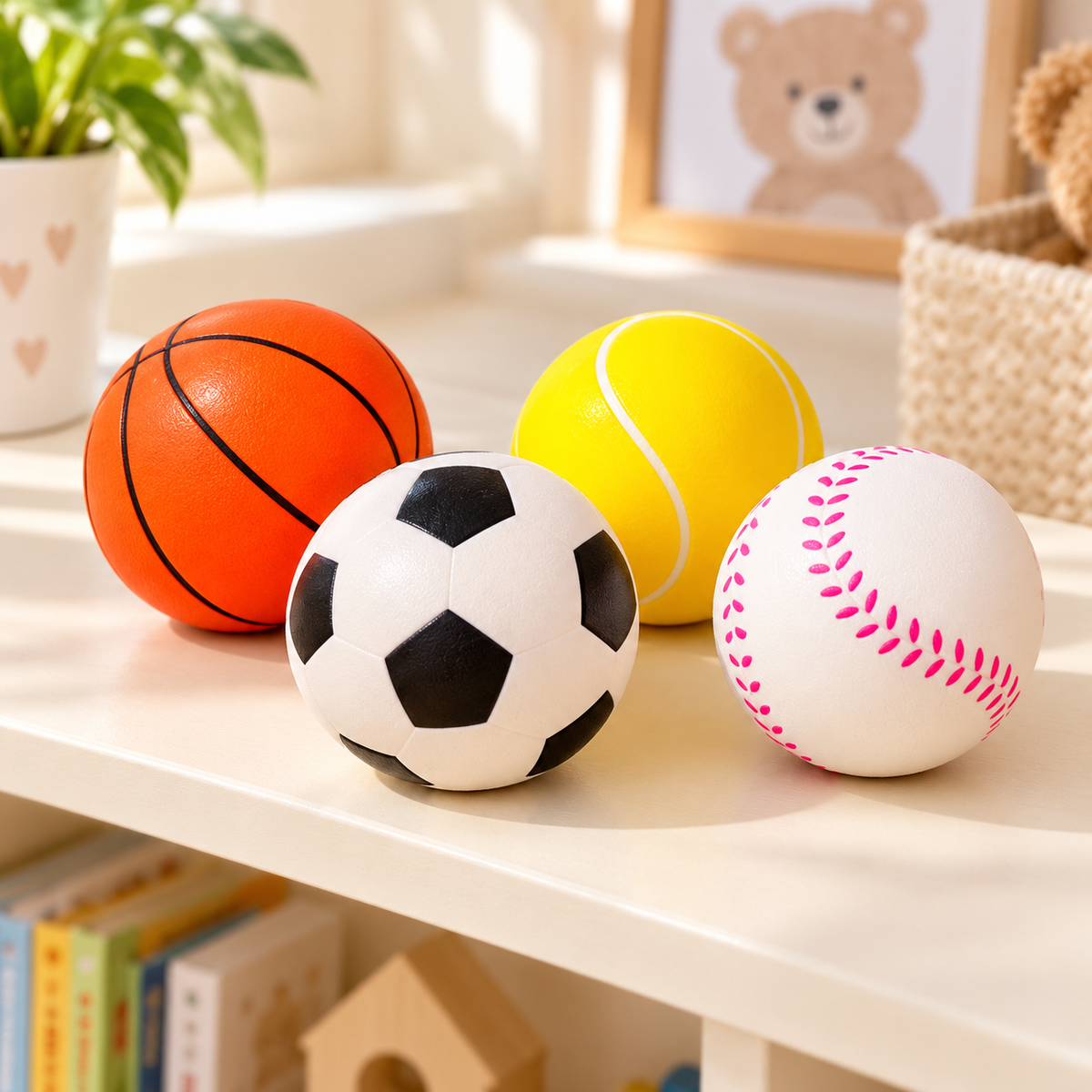 Pelotas Antiestrés Deportivas · Paquete de 4 piezas en ambiente de hogar — Vendalia. La fotografía muestra ejemplos de modelos; la presentación de venta es el paquete de 4 piezas. Los diseños se envían surtidos al azar según disponibilidad.