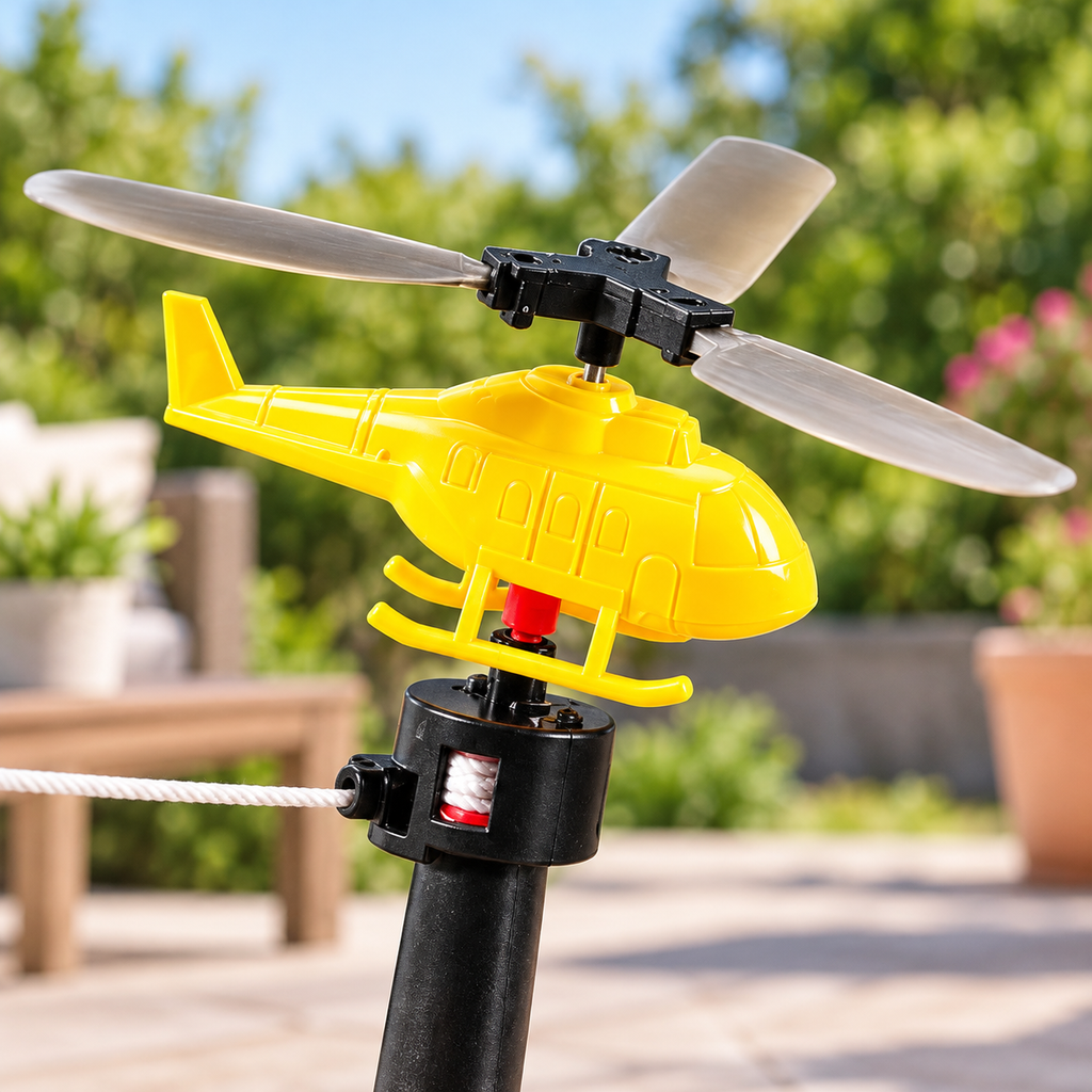 Helicóptero Volador con Lanzador de Cuerda Colores Surtidos en ambiente de hogar — Vendalia. La fotografía muestra el modelo amarillo como ejemplo; el color se envía al azar según disponibilidad.