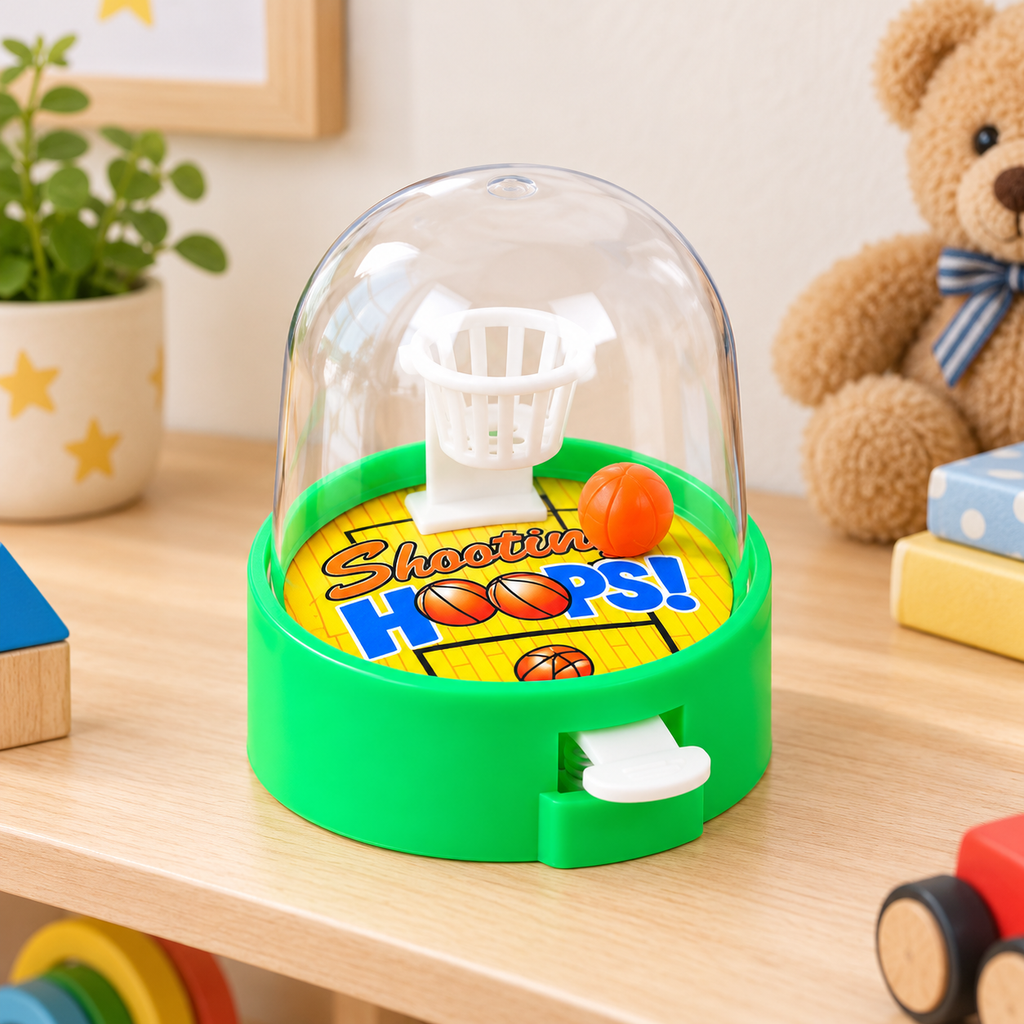 Mini Juego de Básquet Portátil Colores Surtidos en ambiente de hogar — Vendalia. La fotografía muestra el modelo en verde. El color se envía surtido según disponibilidad del proveedor. Los elementos decorativos del entorno no están incluidos.
