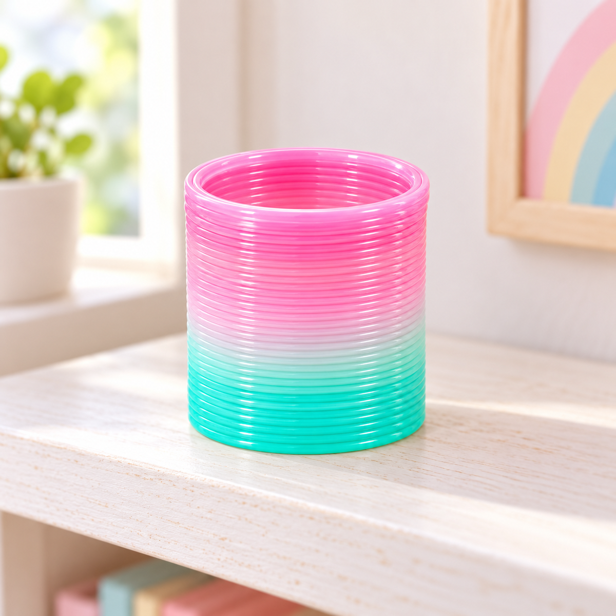 Mini Resortes Multiforma Colores Pastel en ambiente de hogar — Vendalia. La fotografía muestra un ejemplo de color y forma; se envía una pieza con diseño y color al azar según disponibilidad.
