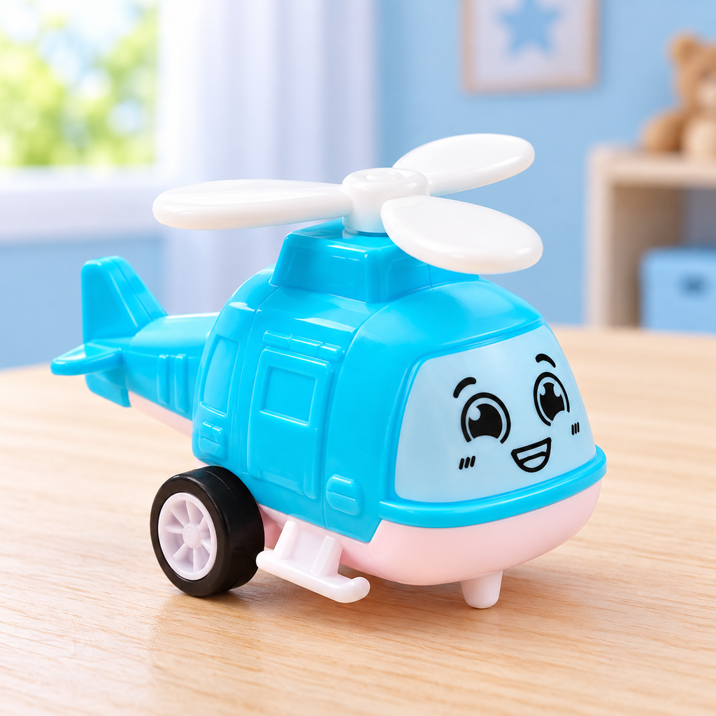 Helicóptero de Juguete Infantil Colores Surtidos en ambiente de hogar — Vendalia. La fotografía muestra un ejemplo de color y diseño; se envía un helicóptero de color surtido según disponibilidad.