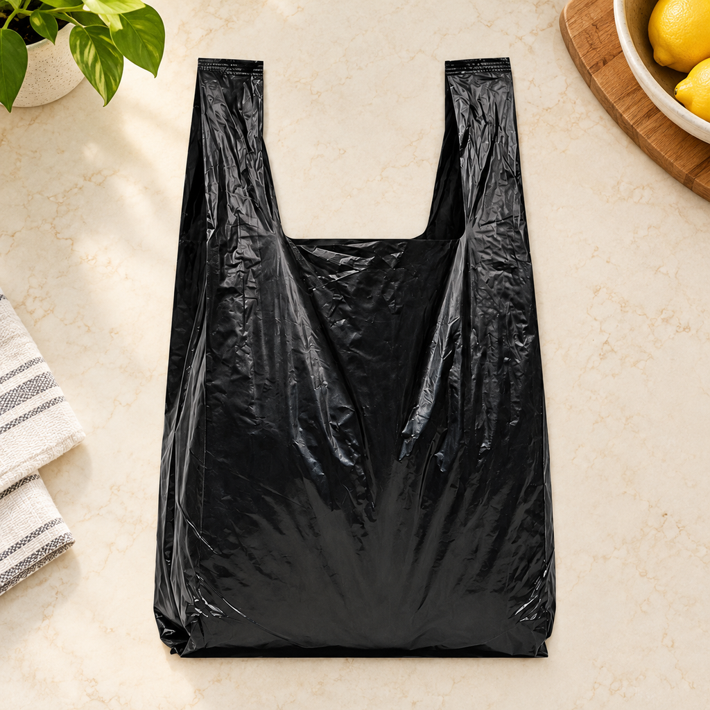 Paq 100 Bolsas Plásticas Negras 22 x 35 cm en ambiente de hogar — Vendalia. La fotografía muestra el detalle de una bolsa; la presentación de venta es el paquete de 100 piezas.