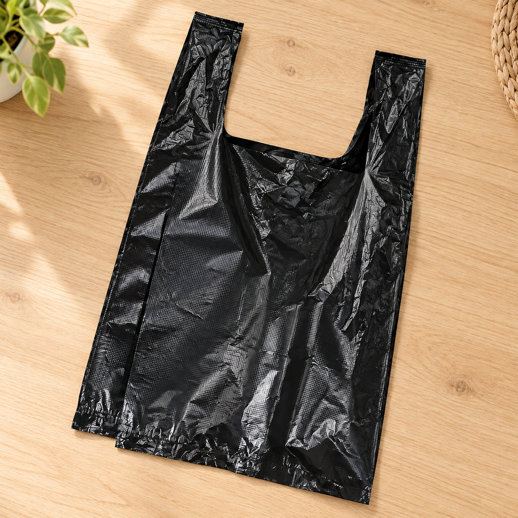 Paq 100 Bolsas Tipo Camiseta Negras 32 x 52 cm en ambiente de hogar — Vendalia. La fotografía muestra el detalle de una bolsa; la presentación de venta es el paquete de 100 piezas.