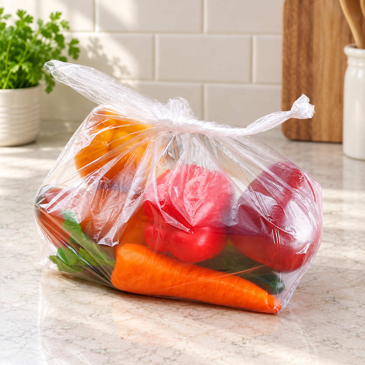 Paq 50 Bolsas Plásticas Transparentes 20 x 30 cm en ambiente de hogar — Vendalia. La fotografía muestra una bolsa en un ejemplo de uso; los alimentos no están incluidos. La presentación de venta es el paquete de 50 bolsas.