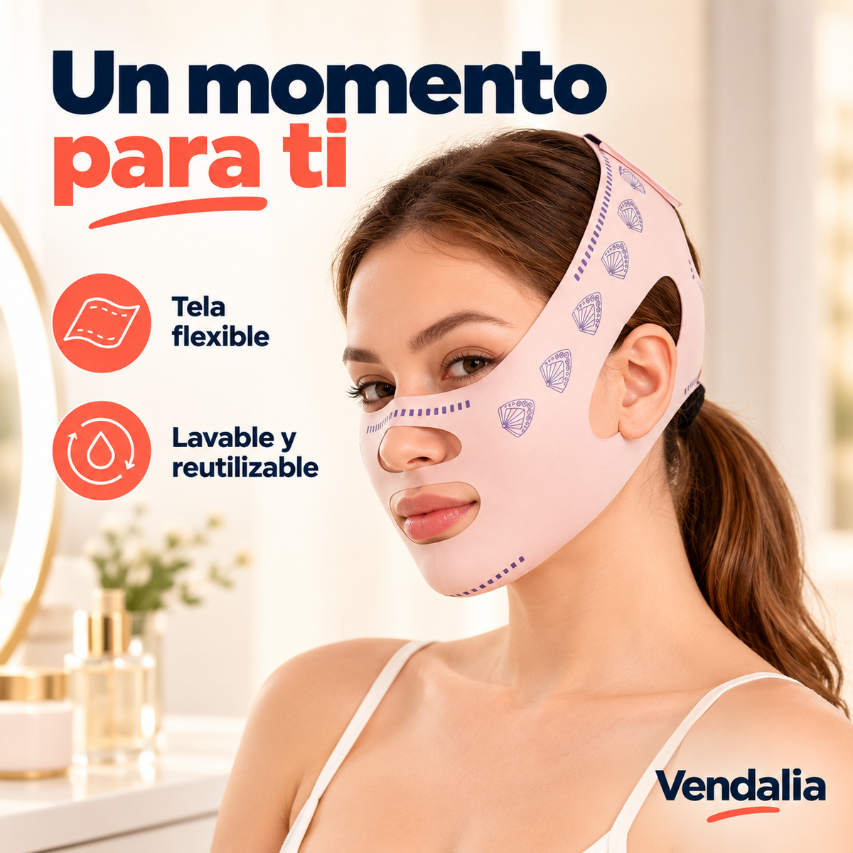 Máscara facial rosa con motivos morados — Presentación Vendalia — SKU 54100