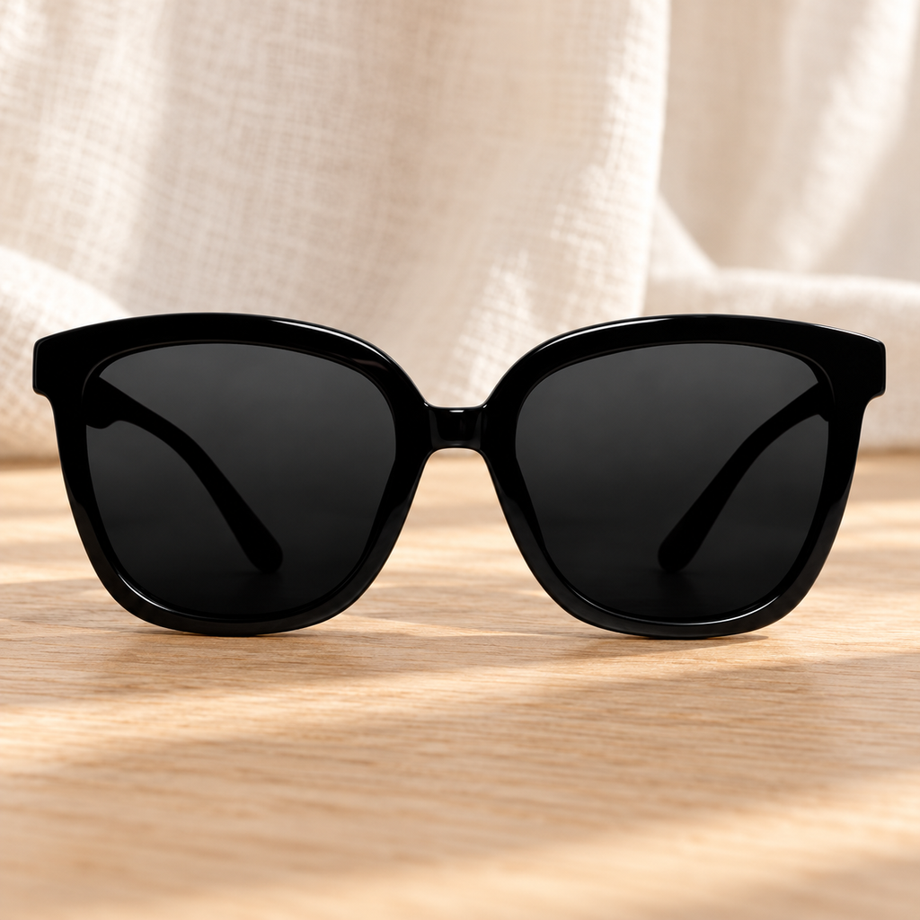 Lentes de Sol Oversize Negros en ambiente de hogar — Vendalia