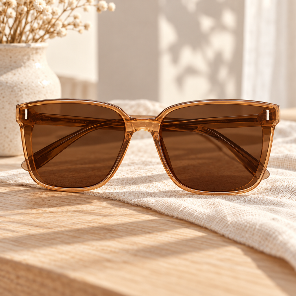 Lentes de Sol Cuadrados Ámbar con Micas Café en ambiente de hogar — Vendalia