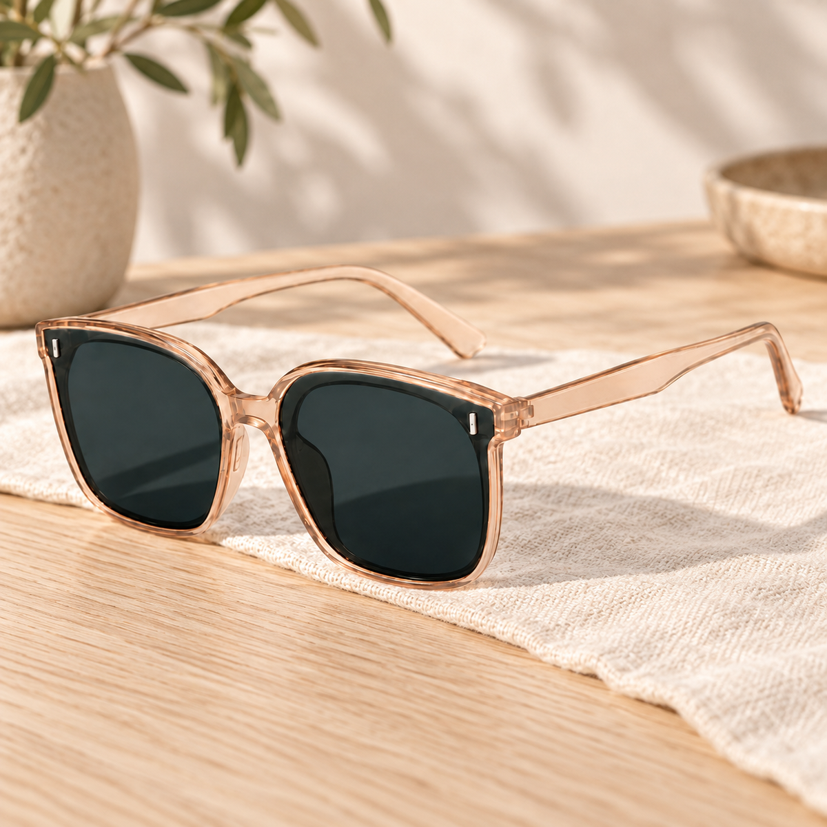 Lentes de Sol Cuadrados con Armazón Beige Translúcido en ambiente de hogar — Vendalia
